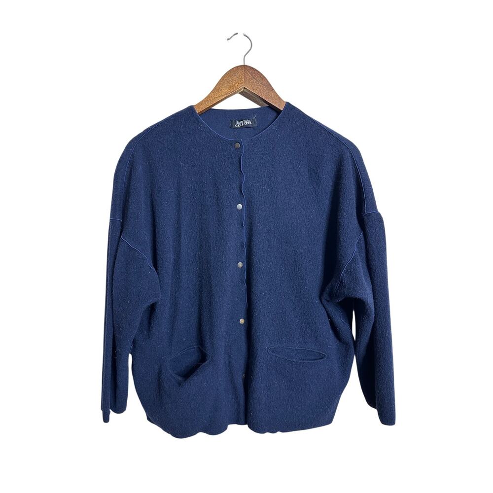 Vintage Jean Paul Gaultier 100% Wool Cardigan size S Oversized Snap Navy